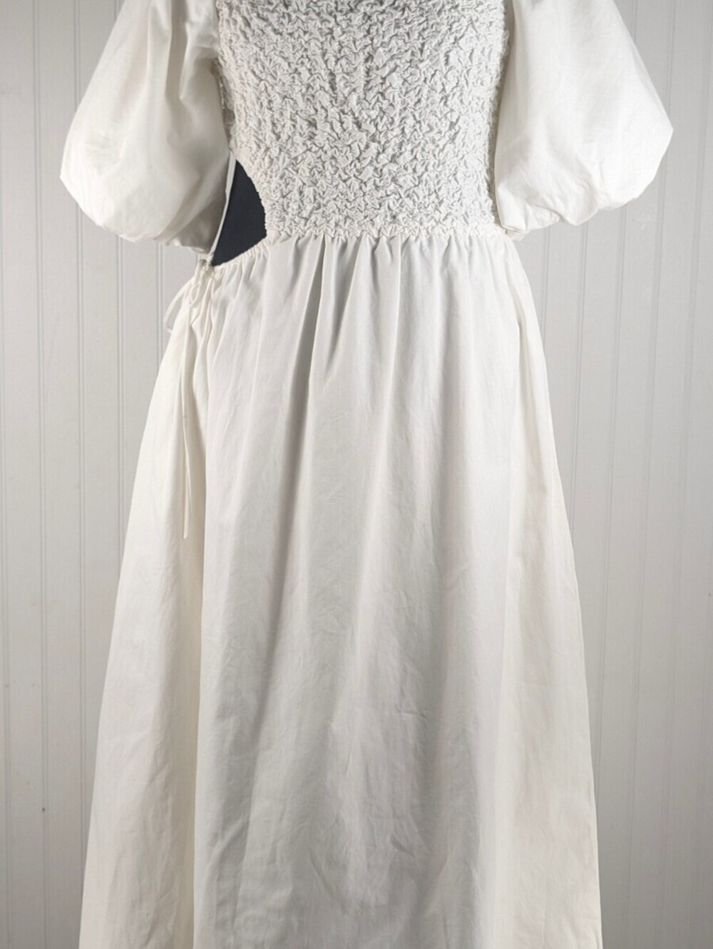 Benaar NWT White Puff Sleeve Smocked Bodice Cotton Maxi Dress Side Cutouts Large